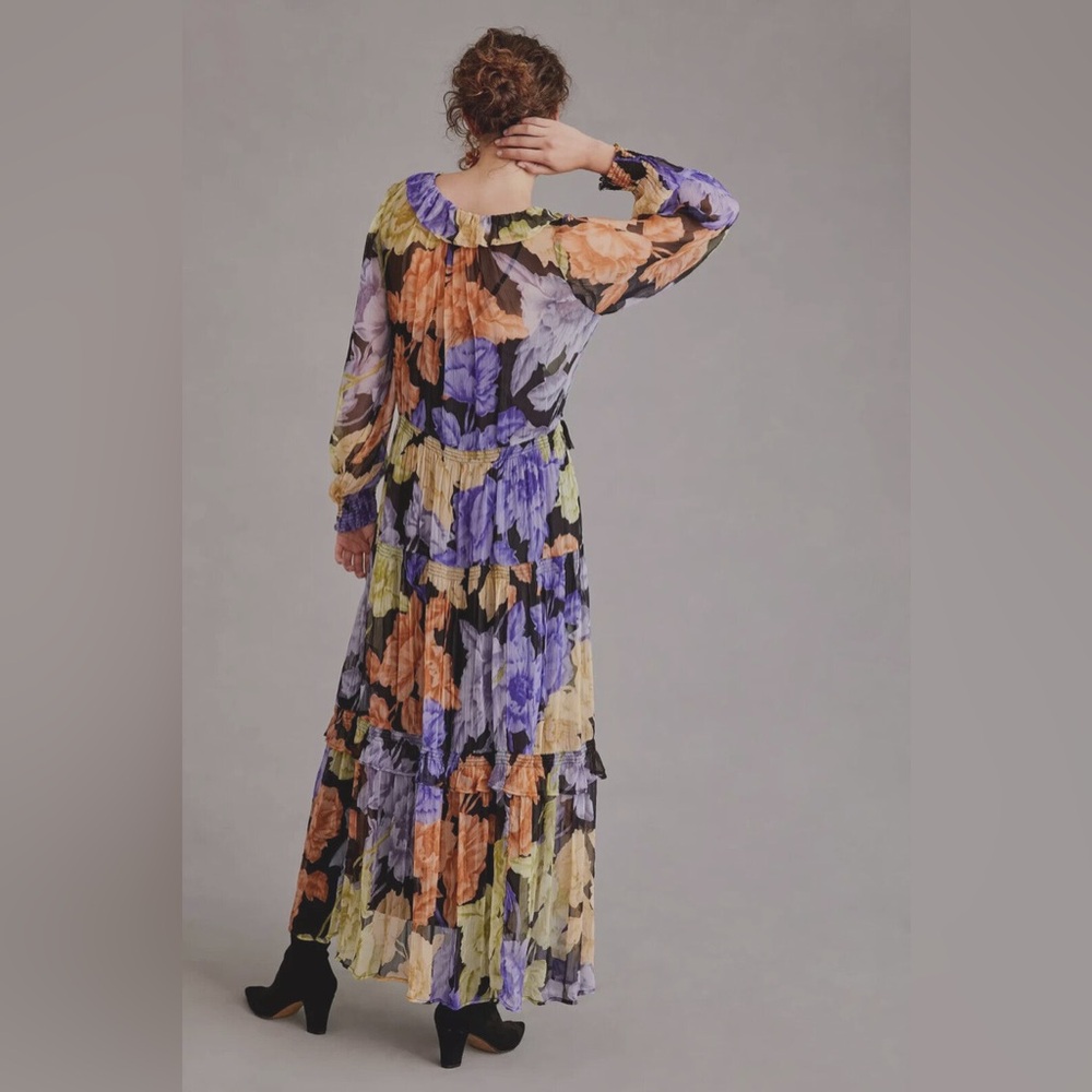 Anthropologie Floral Maxi Dress in Purple, Yellow, Black, Peach - Picture 2 of 4